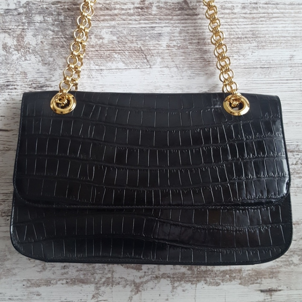Bloomingdale's Black Croc-Embossed Shoulder Bag with Gold Chain